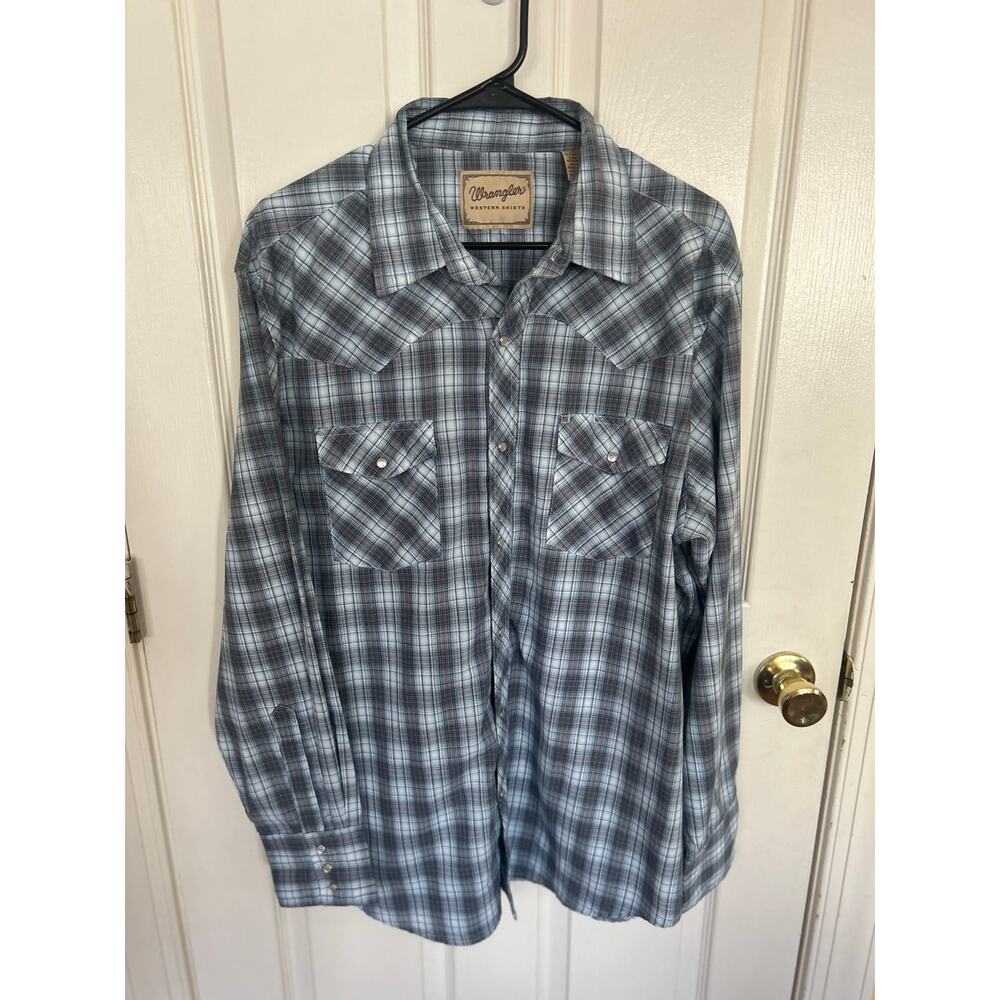 Wrangler‎ Gray Plaid Western Shirt Pearl Snap Size XL